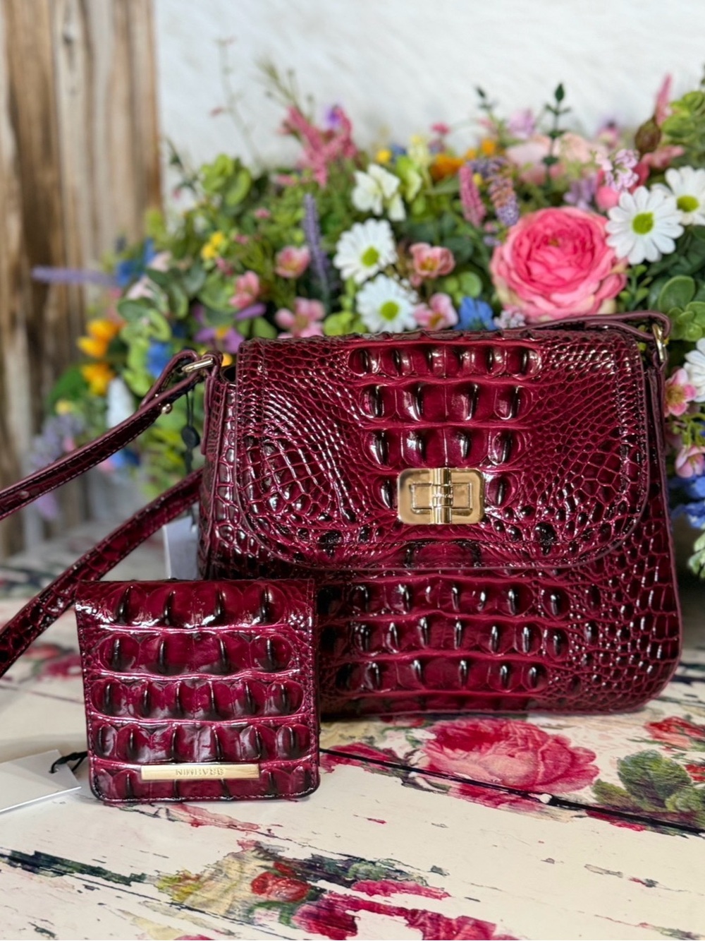 SET Brahmin Gianna Cherry Laquer Crossbody NWT Rich Berry Red and Jane Wallet